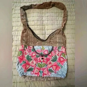 Boho Embroidered Shoulder Bag Floral Hippie Purse Broken Zipper Earthy Tones y2k
